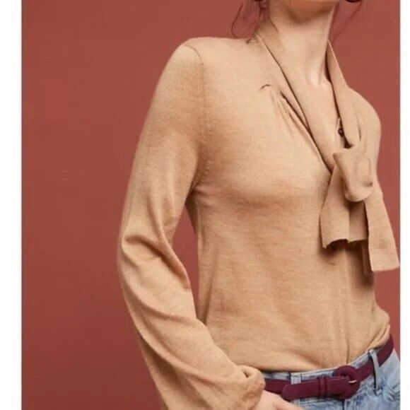 Moulinette Soeurs by Anthropologie Rhinebeck Tie Neck Sweater Camel Size XS EUC! - Picture 1 of 4